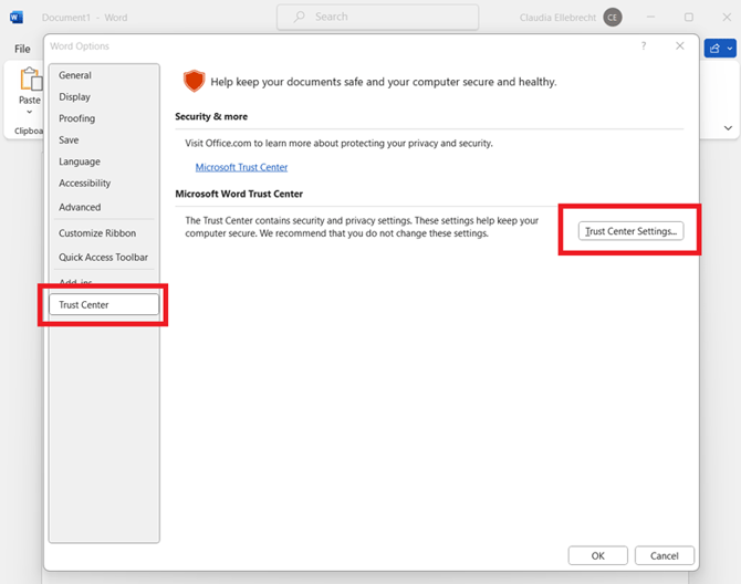 Trust Center Settings button