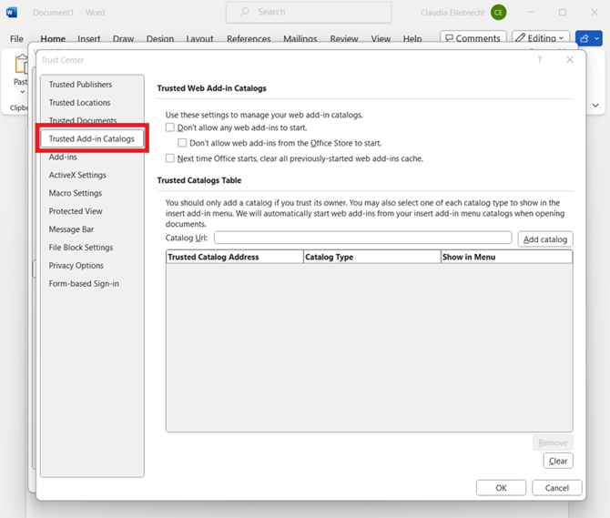 Trusted Add-in catalogs button
