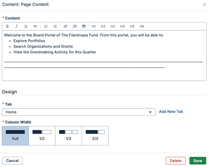 Page Content modal