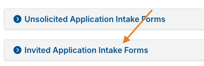 Invited Application Intake Forms dropdown