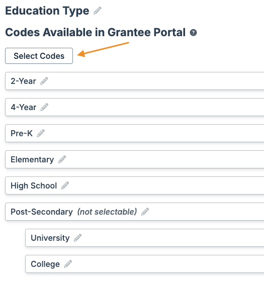 Select Codes button