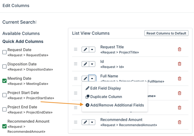Add/Remove Additional Fields option