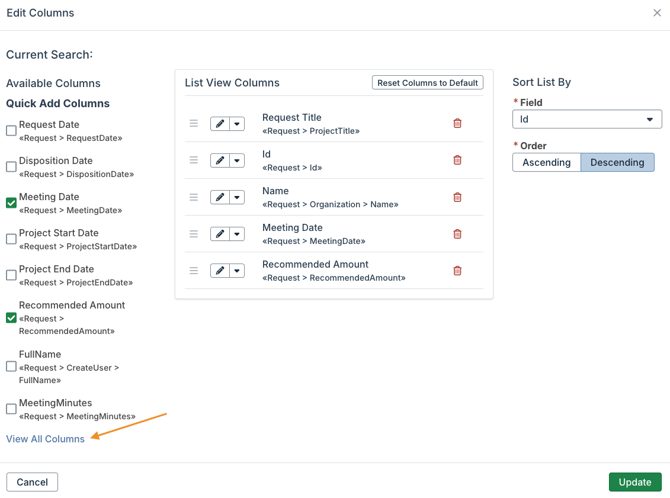 View All Columns option