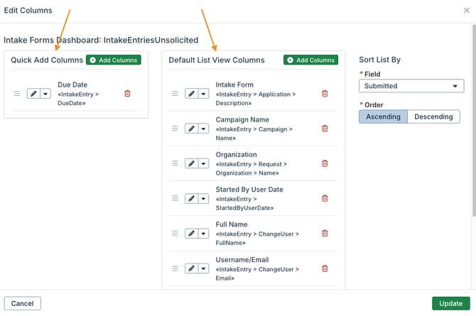 quick add columns and default list view columns