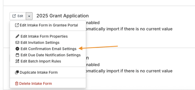 Edit Confirmation Email Settings option