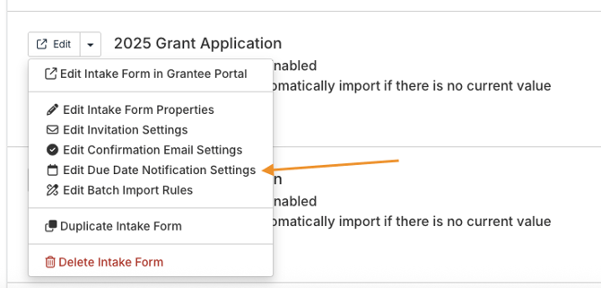 Edit Due Date Notification Settings option