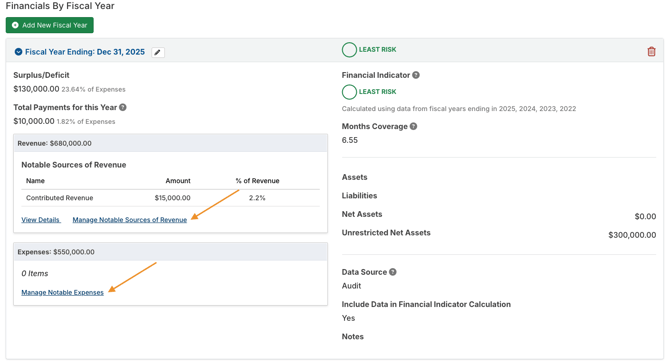 Manage Notable Sources of Revenue and Expenses buttons