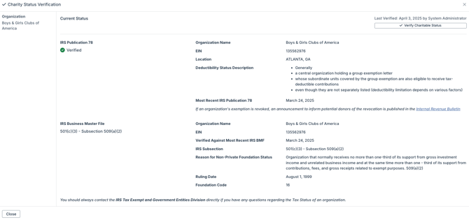 Charity Status Verification modal