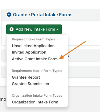 Active Grant Intake Form option