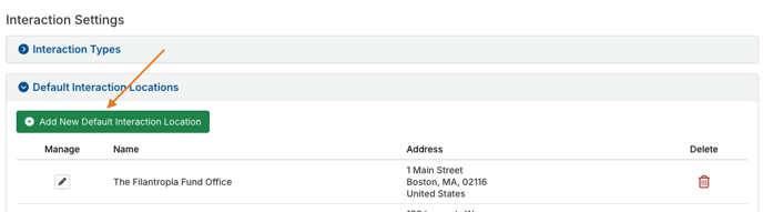 Add New Default Interaction Location button