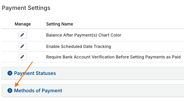 Methods of Payments dropdown