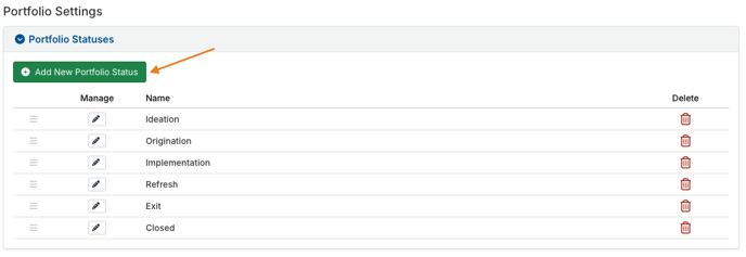 Add New Portfolio Status button