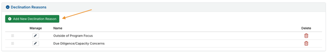 Add New Declination Reason button