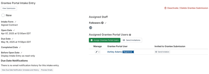 Grantee Portal Intake Entry tab