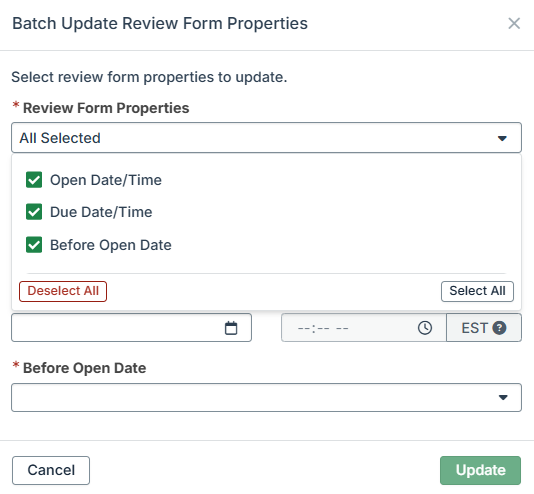 Update Review Form properties options